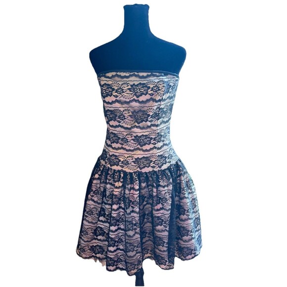 JESSICA McClintock Gunne Sax 90s Black Lace Tulle Drop Waist Strapless Dress 7/8 - Picture 1 of 9